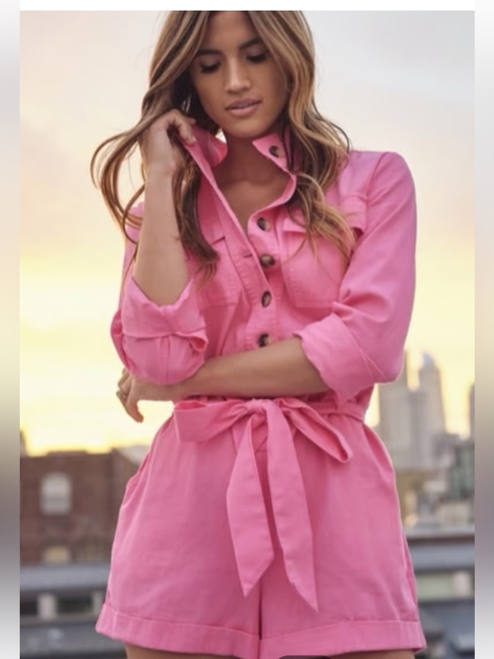 Express X Rocky Barnes M Pink Safari Button Up Girlhoodcore Romper Jumpsuit - Picture 1 of 12